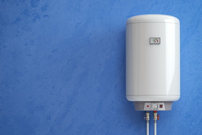 Electric boiler, water heater on the blue wall. 3d illustration